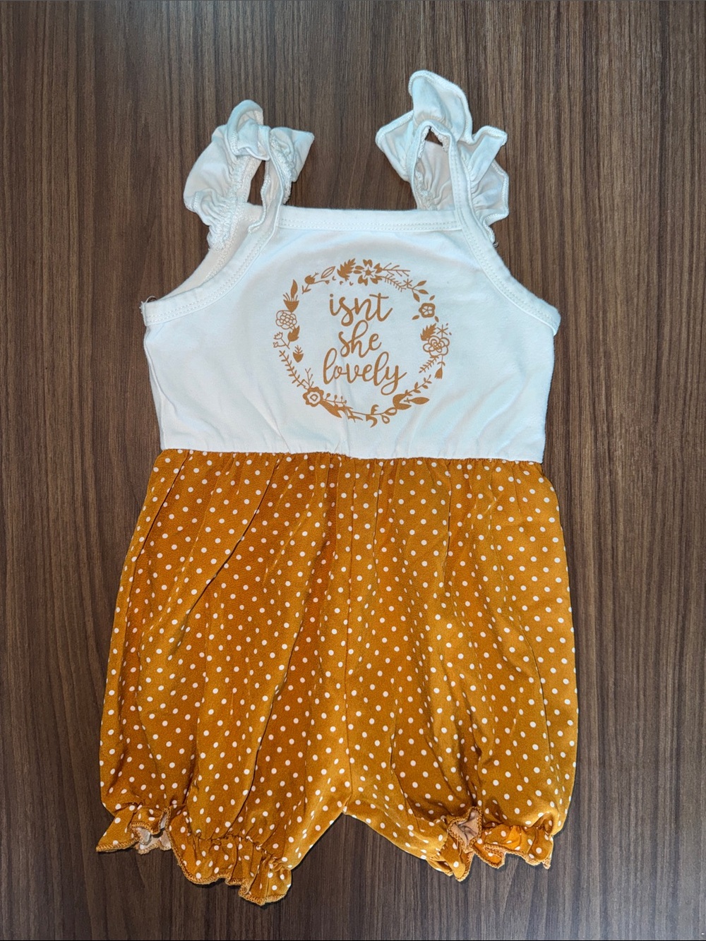 White & Mustard Polka Dot Girls Romper - "Isn't She Lovely" 12 months